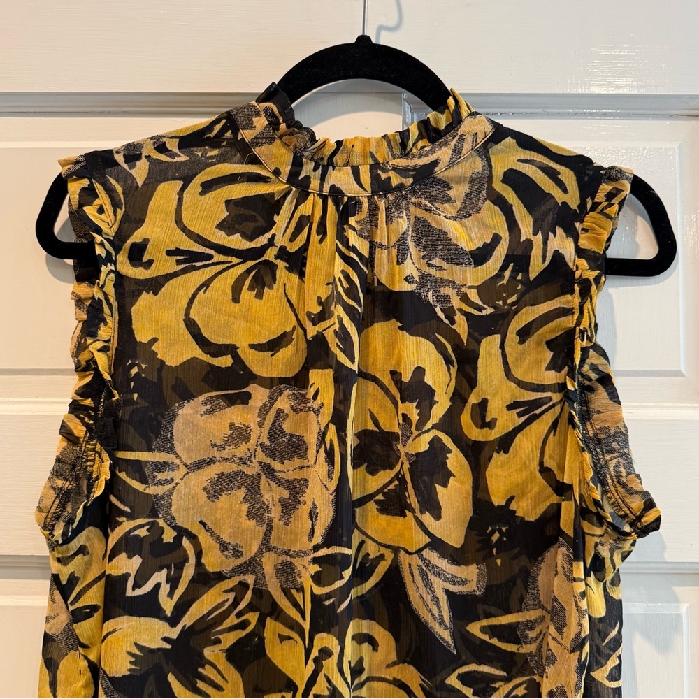 Who What Wear Sleeveless Sheer Floral Top Ruffles High Neck Black Gold Size XL - Picture 2 of 7